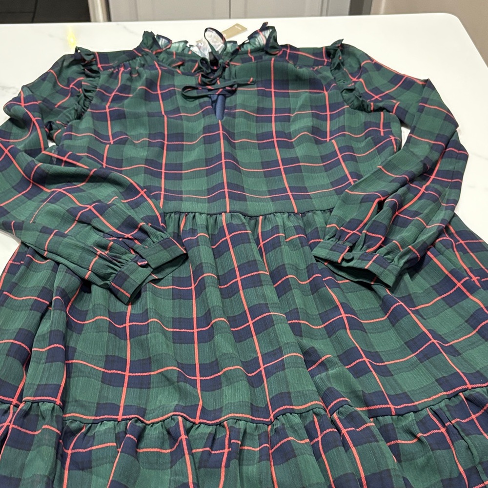 J. Crew Dark Green Plaid Tiered Long Sleeve Dress - Picture 5 of 16